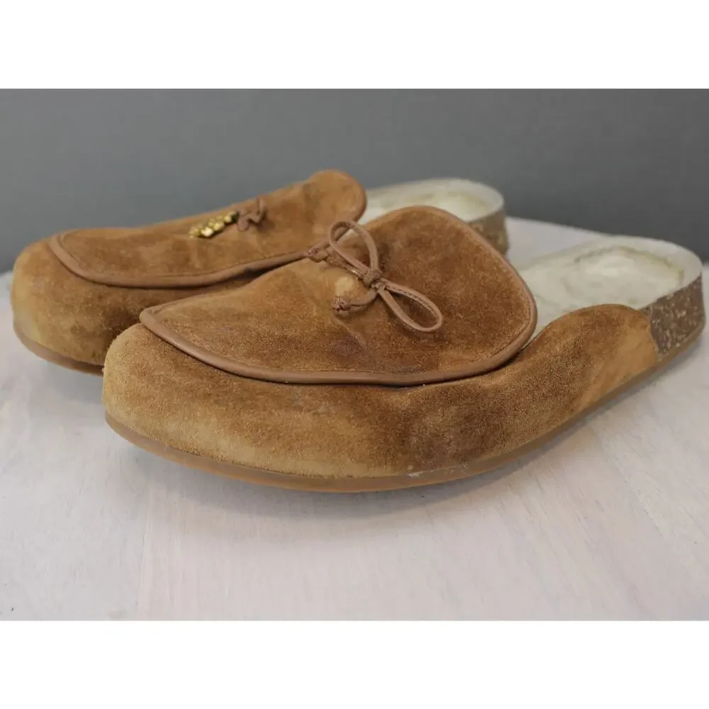 Tory Burch Shearling Lined Suede Slippers Womens 8 Brown Cozy Slip On